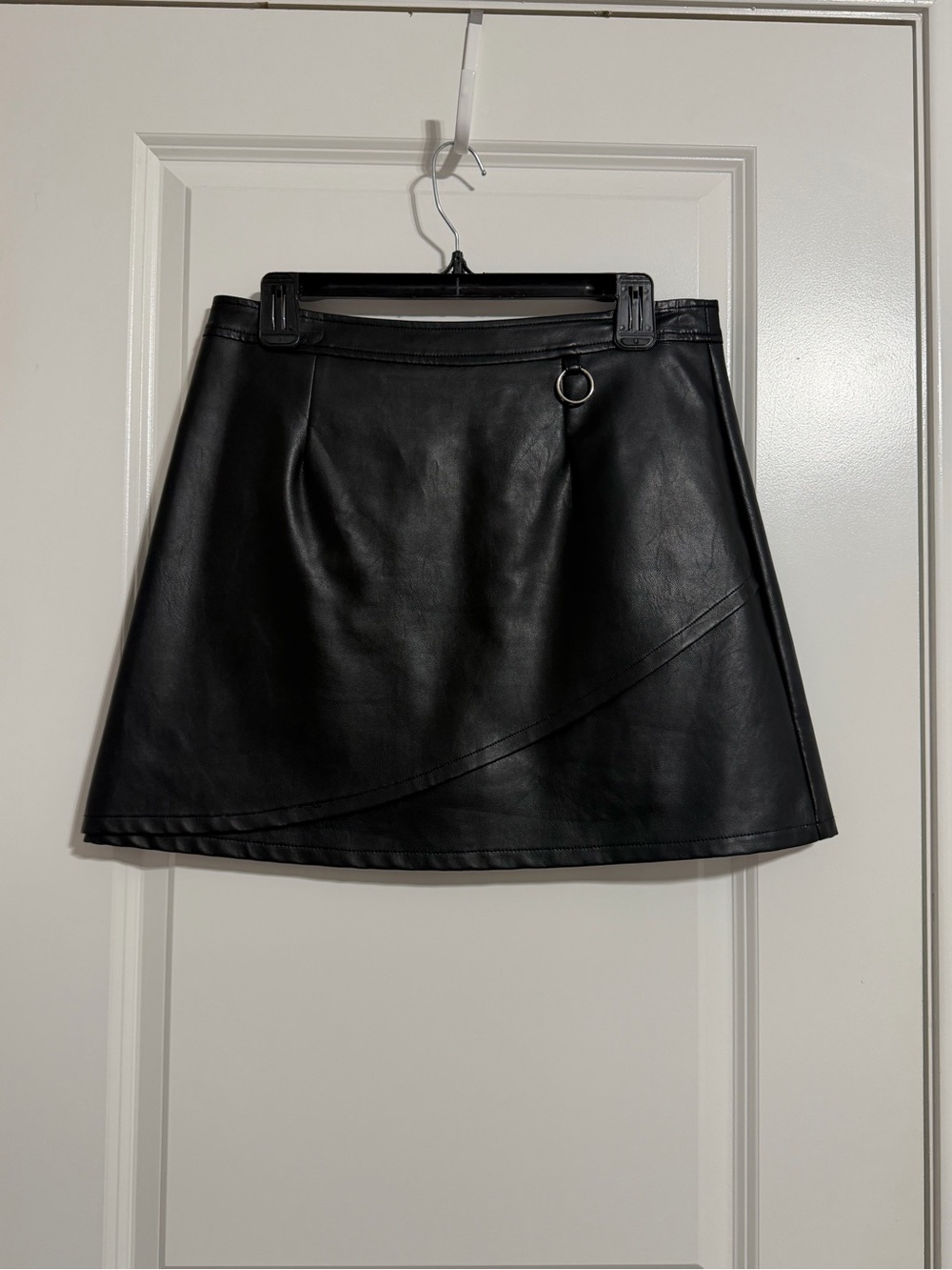 Black Faux Leather Mini Skirt with Ring Detail